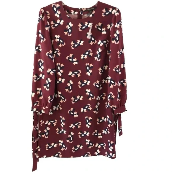 Banana Republic Dress Womens Size 2 Maroon Burgundy Floral Shift Long Tie - Picture 2 of 8